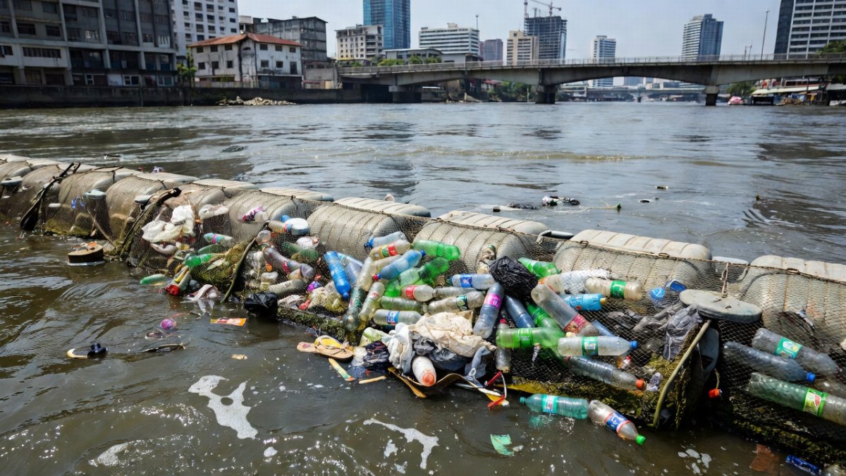 Floating trash trap installed across a Manila river to catch debris