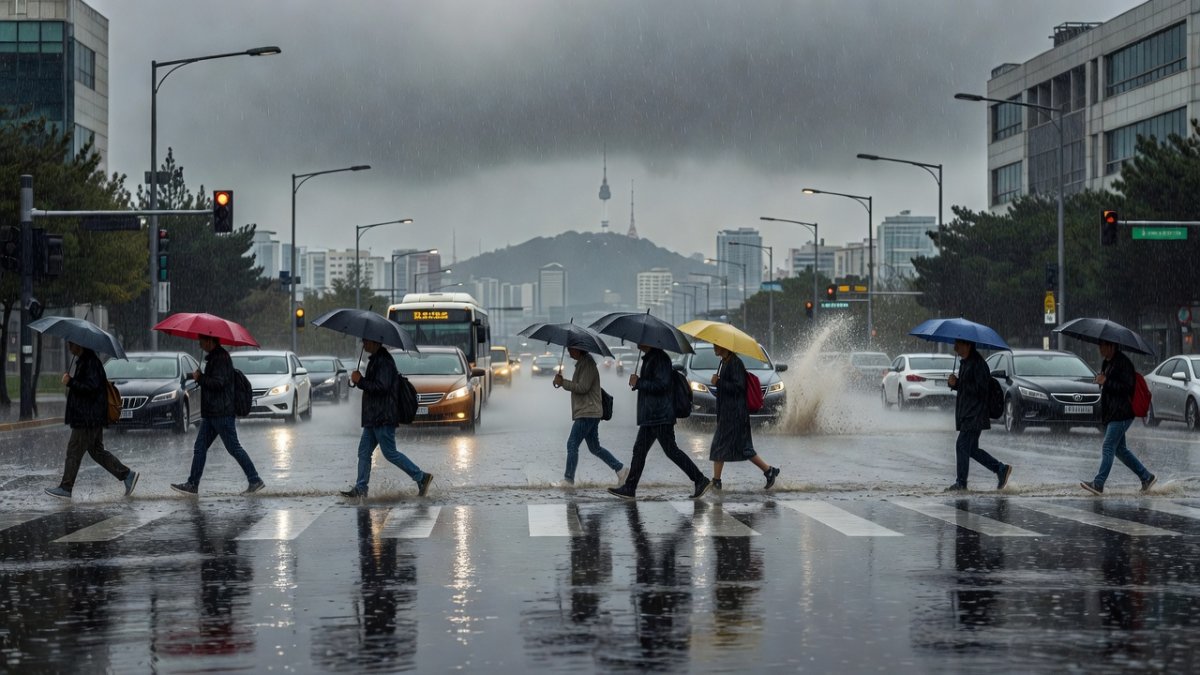 Pedestrians with umbrellas cross a flooded street in Seoul as the second monsoon brings extreme rainfall