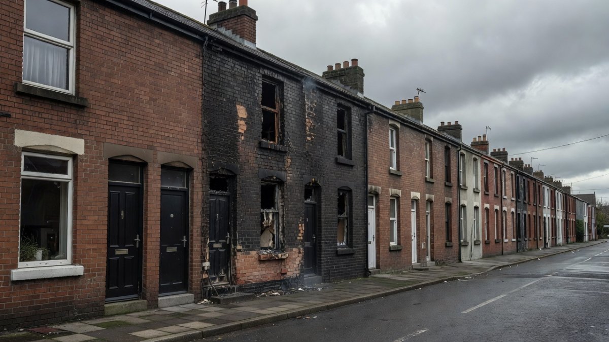 Fire-damaged homes in Belfast following the riots