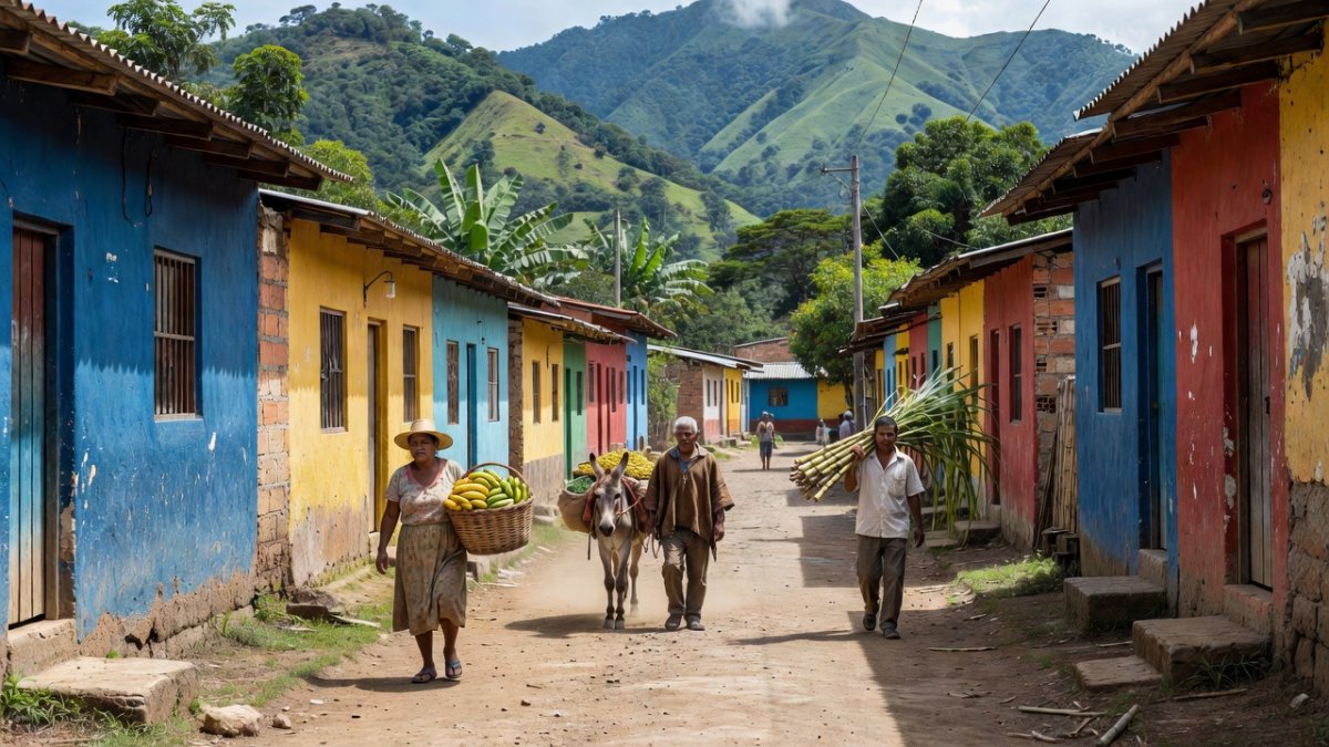 Rural town street in the Cauca department of Colombia, with local residents and green mountains in the background