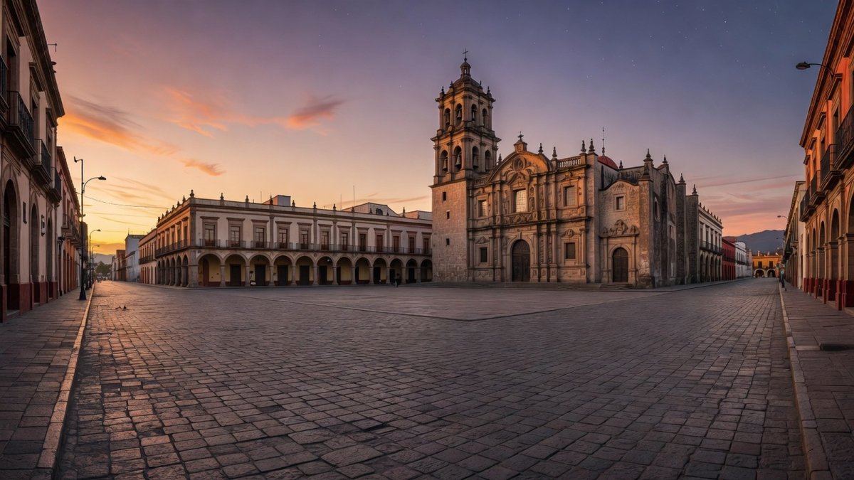 A quiet Mexican town plaza at dusk, where communities continue to demand truth and justice