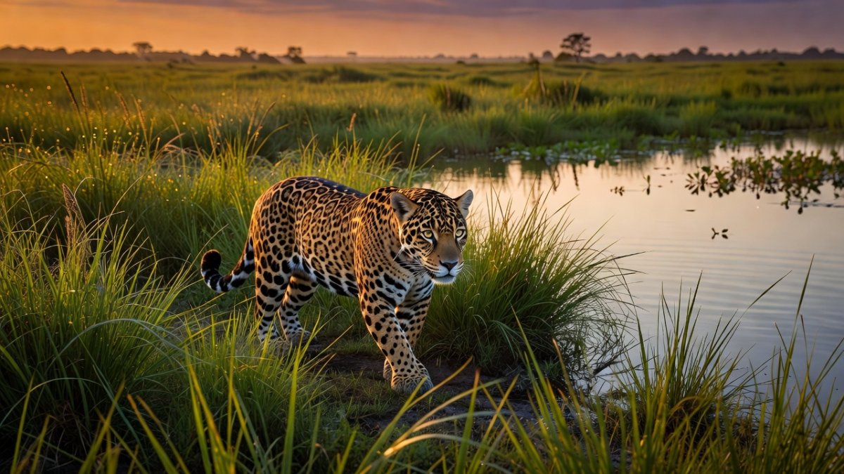 Jaguar walking through tall grass beside water in the Ibera wetlands