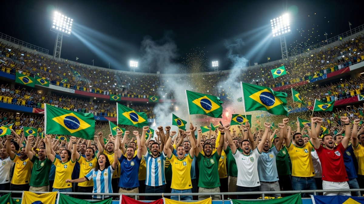 Football fans celebrate during a World Cup match under stadium floodlights