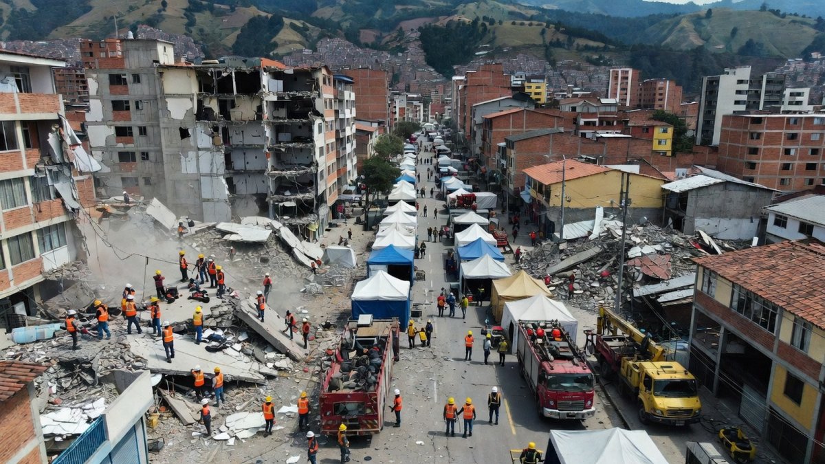 Search and rescue teams work through collapsed buildings in western Colombia
