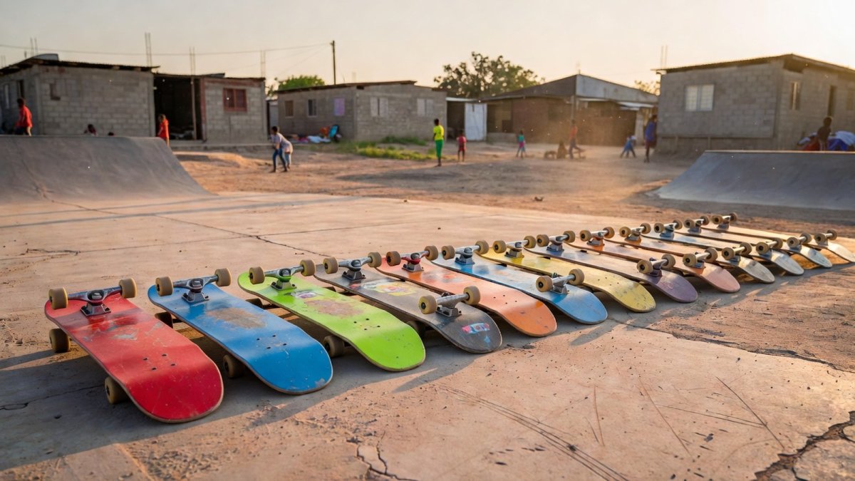 Colourful skateboards lined up at a grassroots skatepark in a developing community