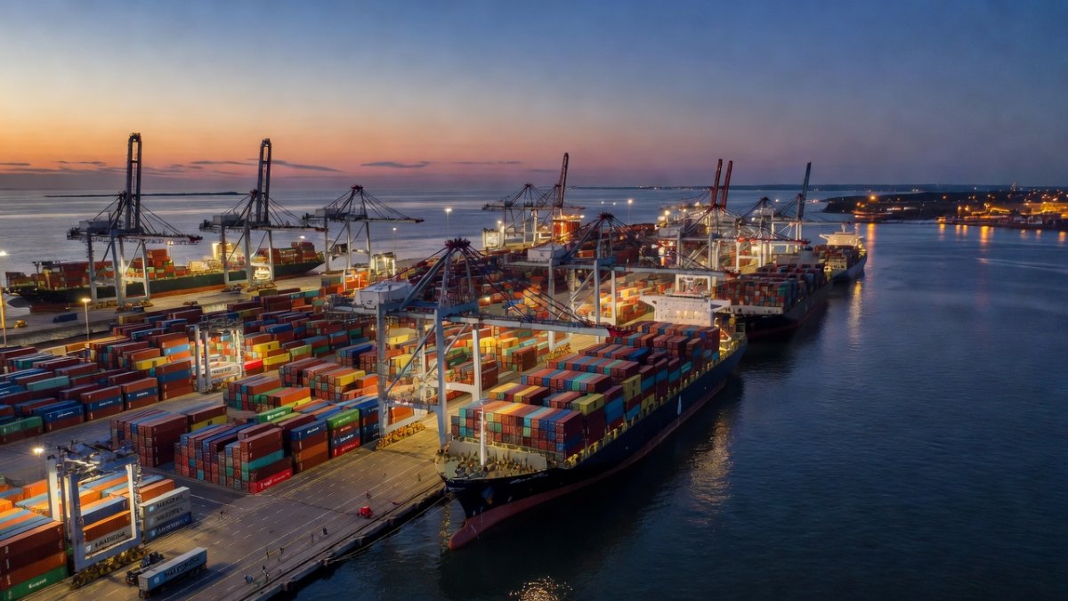 Aerial view of a container shipping port, highlighting global maritime routes affected by new US sectoral sanctions on Iran