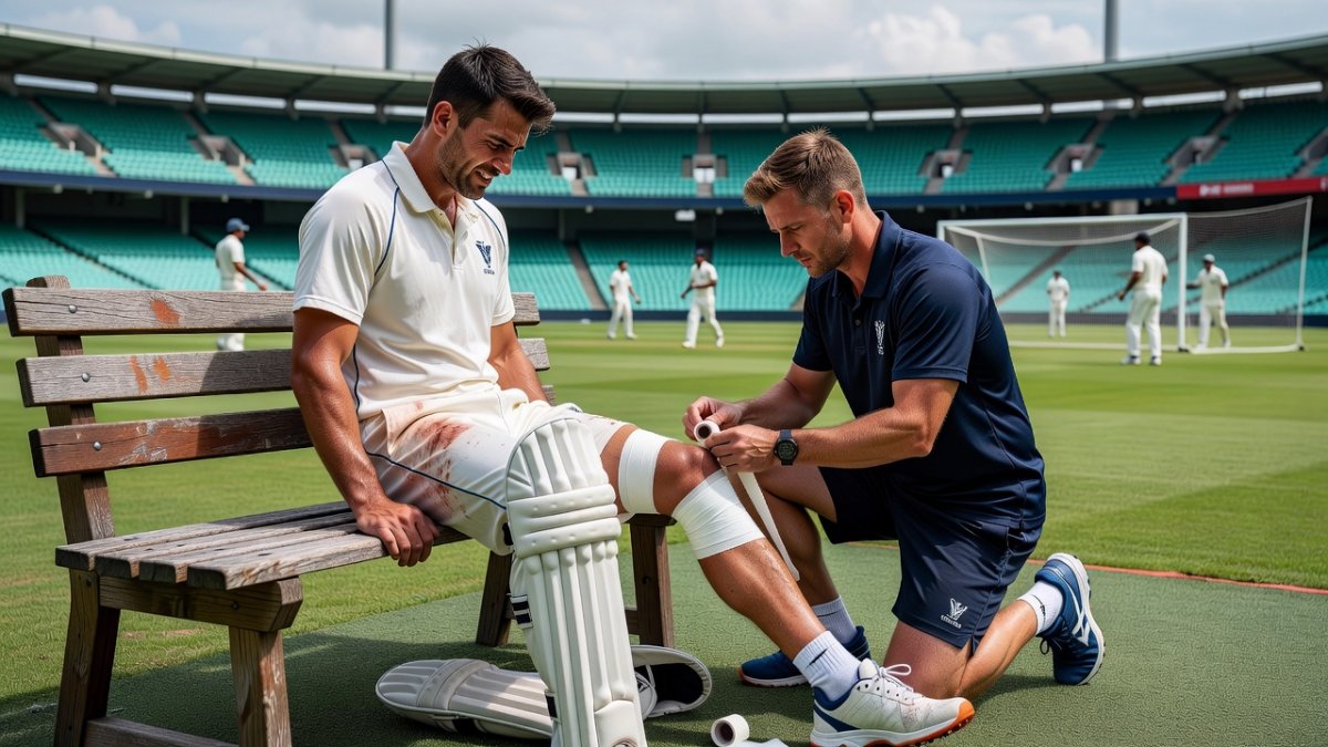 Cricketer receiving physiotherapy treatment for leg injury
