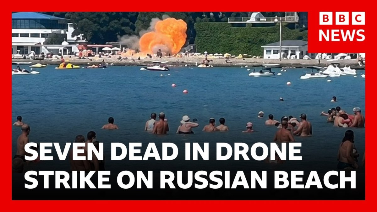 BBC News report on drone strike near Russian resort beach