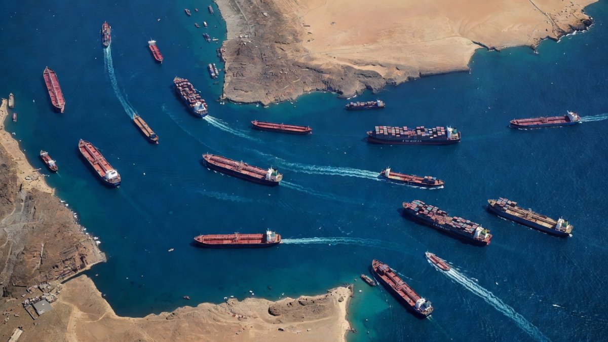 Strait of Hormuz shipping lanes with naval vessels and oil tankers