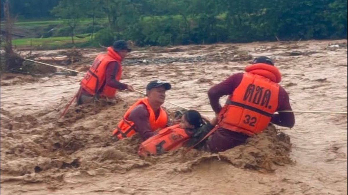 Floodwater covers homes and roads in Pua district, Nan province