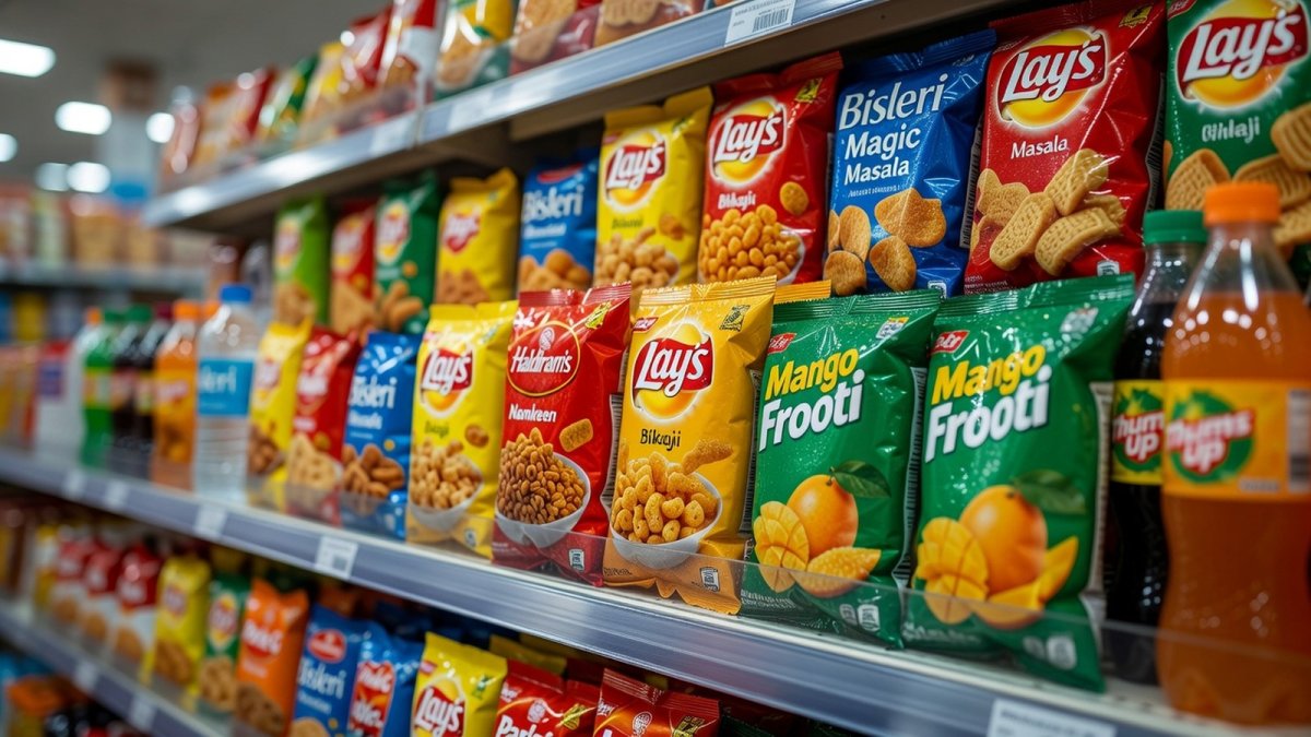 Packaged food products on a retail shelf in India (Global 1 News)