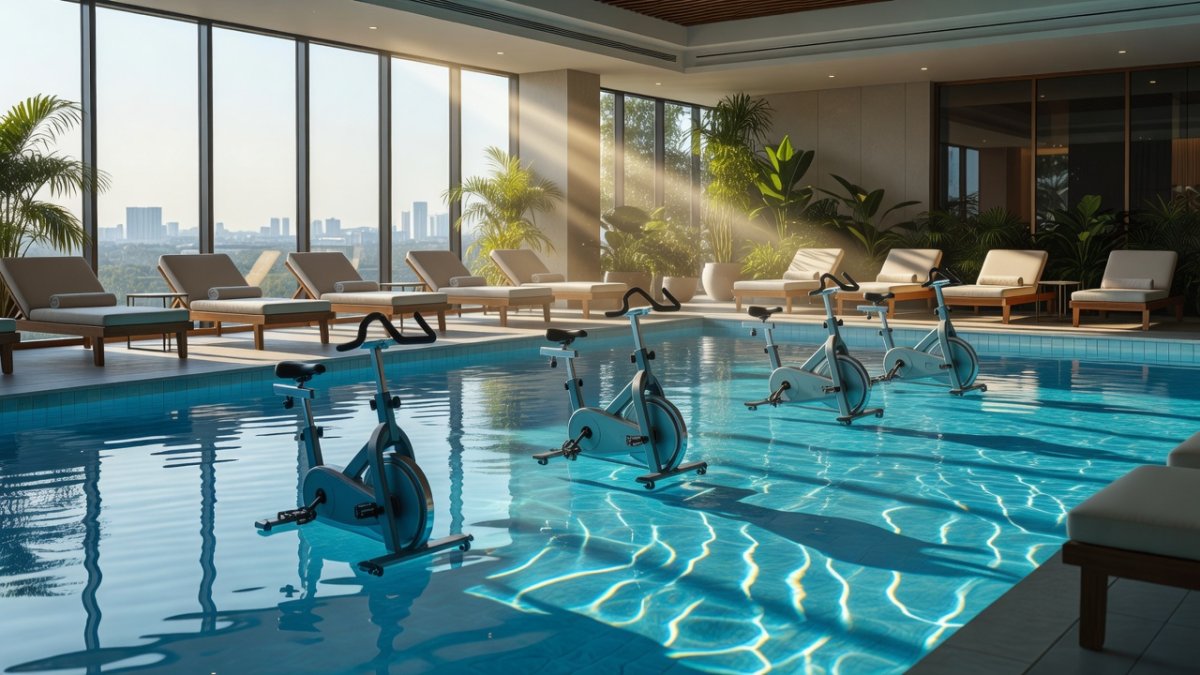 Aqua cycling bikes submerged in an indoor hotel pool in Bangkok, part of The Ripple Club low-impact water fitness program