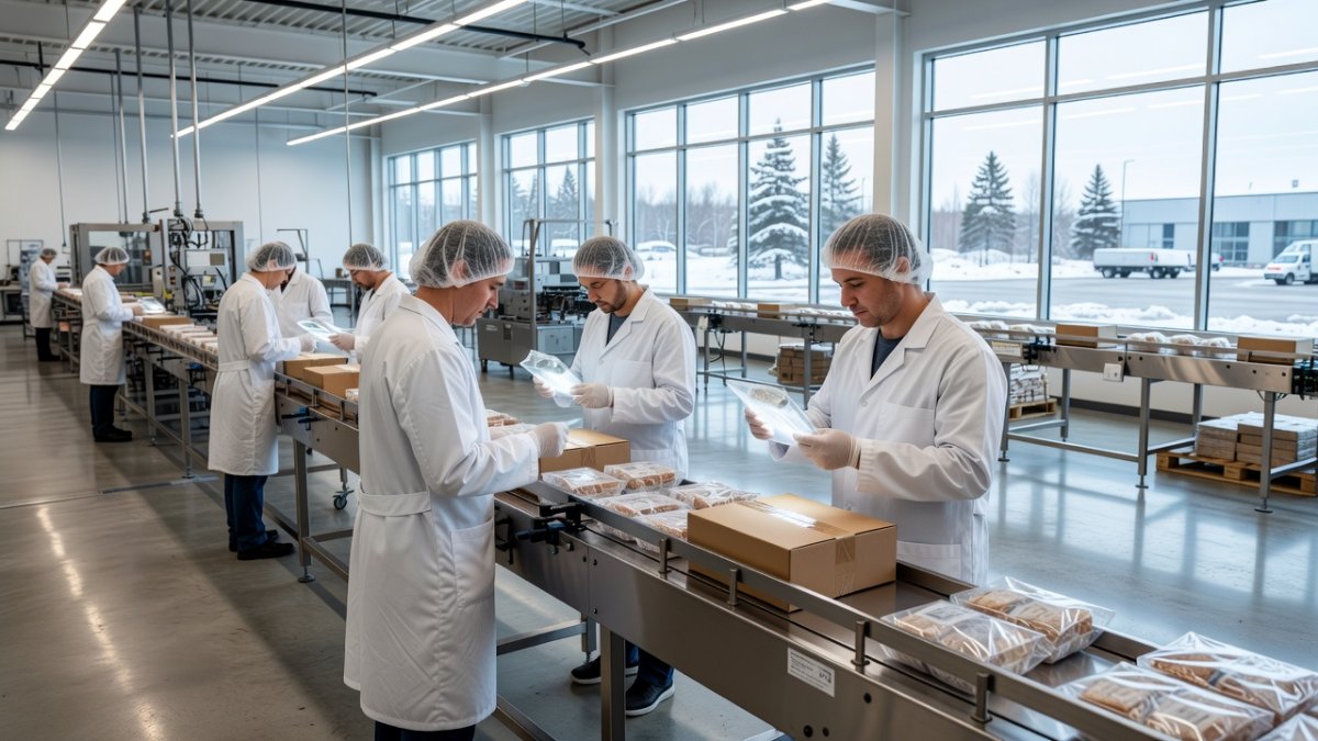 Workers at a Canadian manufacturing facility inspect packaged products on a stainless steel production line