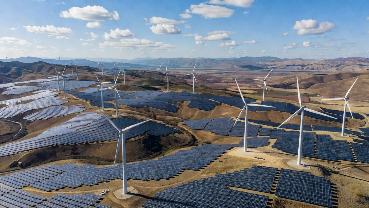 Aerial view of solar panels and wind turbines in China