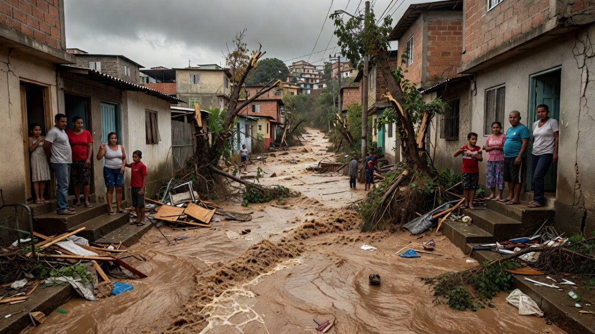 Floodwater rushing through the La Vega parish in Caracas after heavy rains