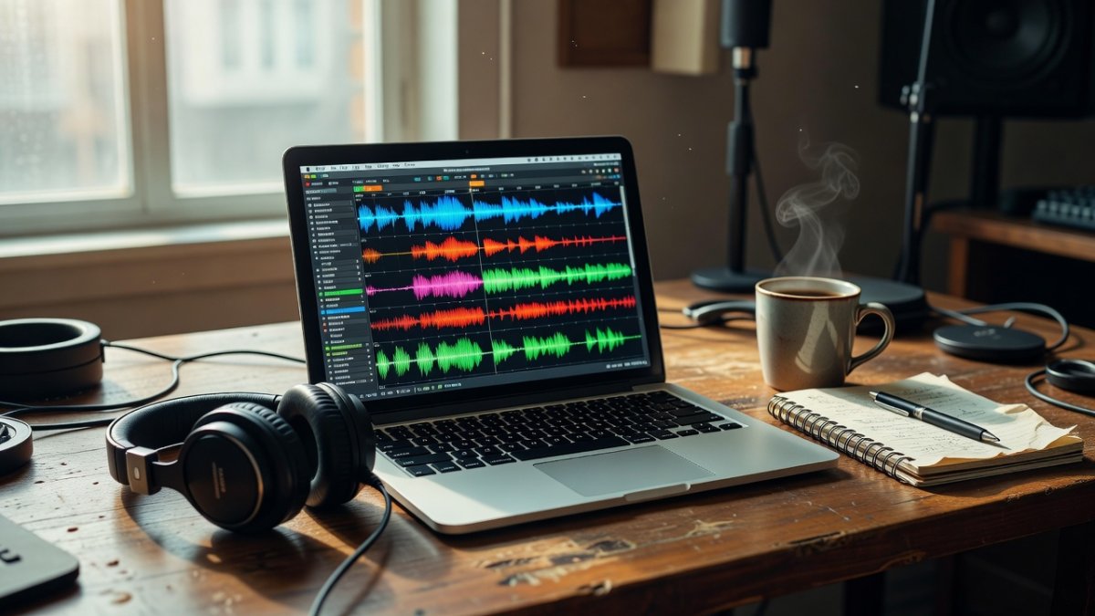 Wooden desk with laptop showing audio waveforms and studio headphones