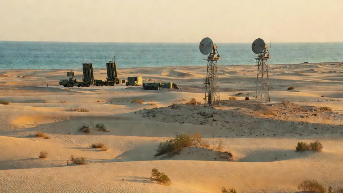 Coastal desert landscape with radar towers and missile defense installation
