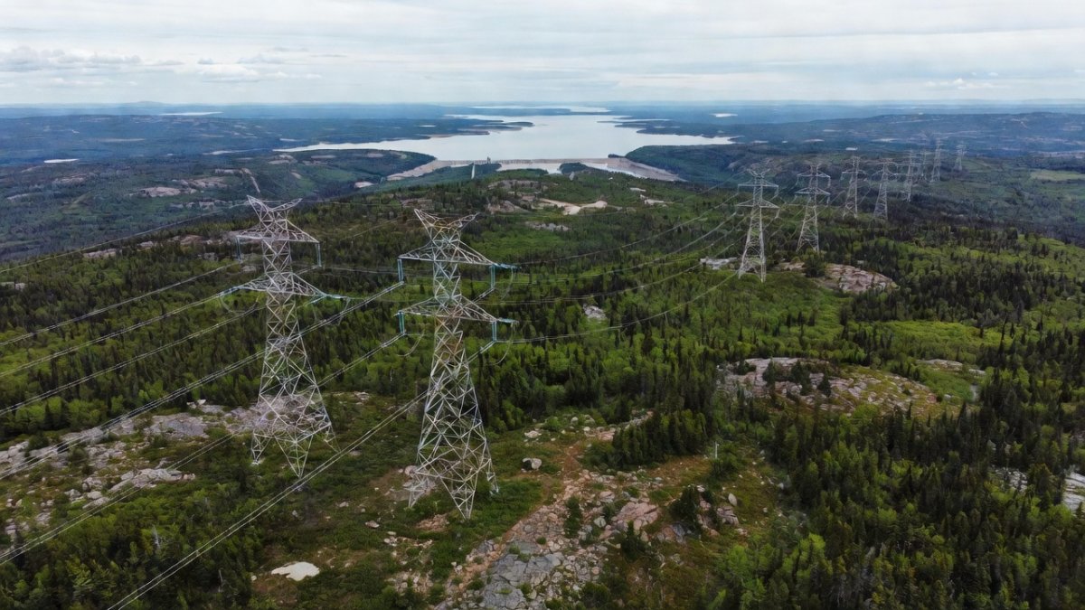 High-voltage transmission lines crossing the Labrador landscape