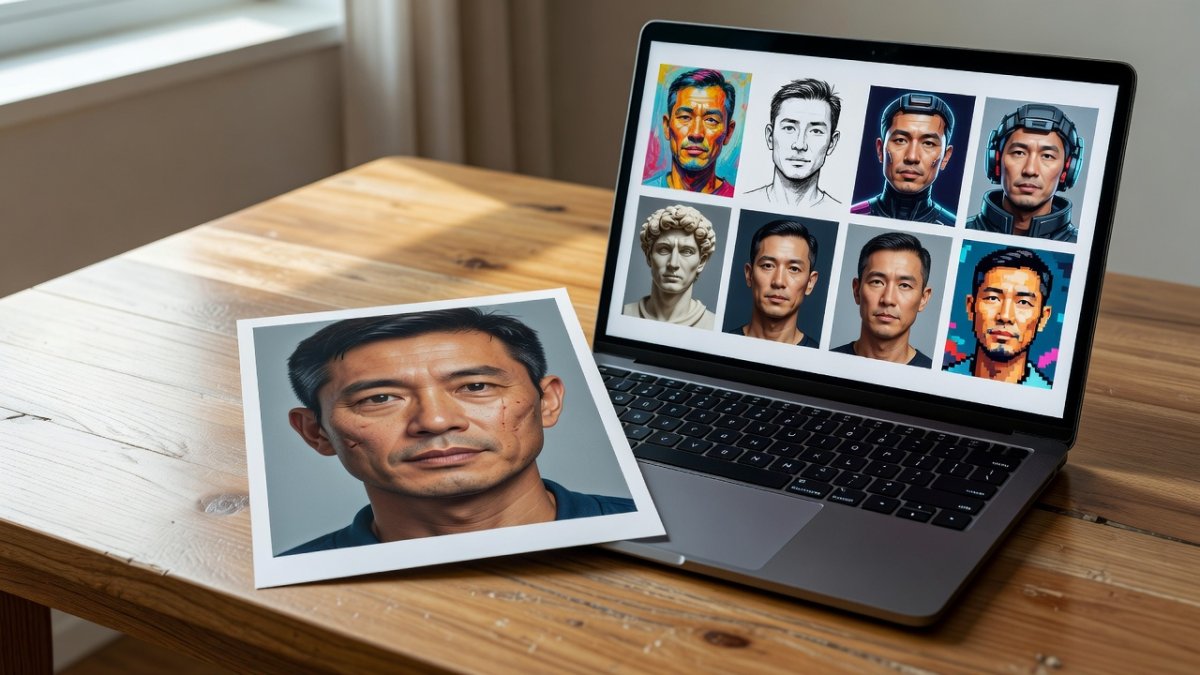 Portrait photograph beside a laptop showing AI-generated face variations