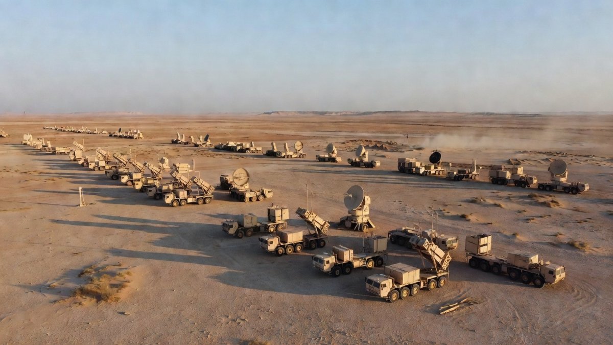 Air defense systems deployed in a Gulf desert landscape as the US-Iran war enters its fifth month