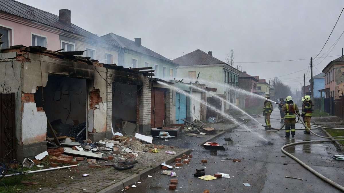 Damaged garages and residential structures in a Kyiv suburb after the latest Russian missile and drone attack