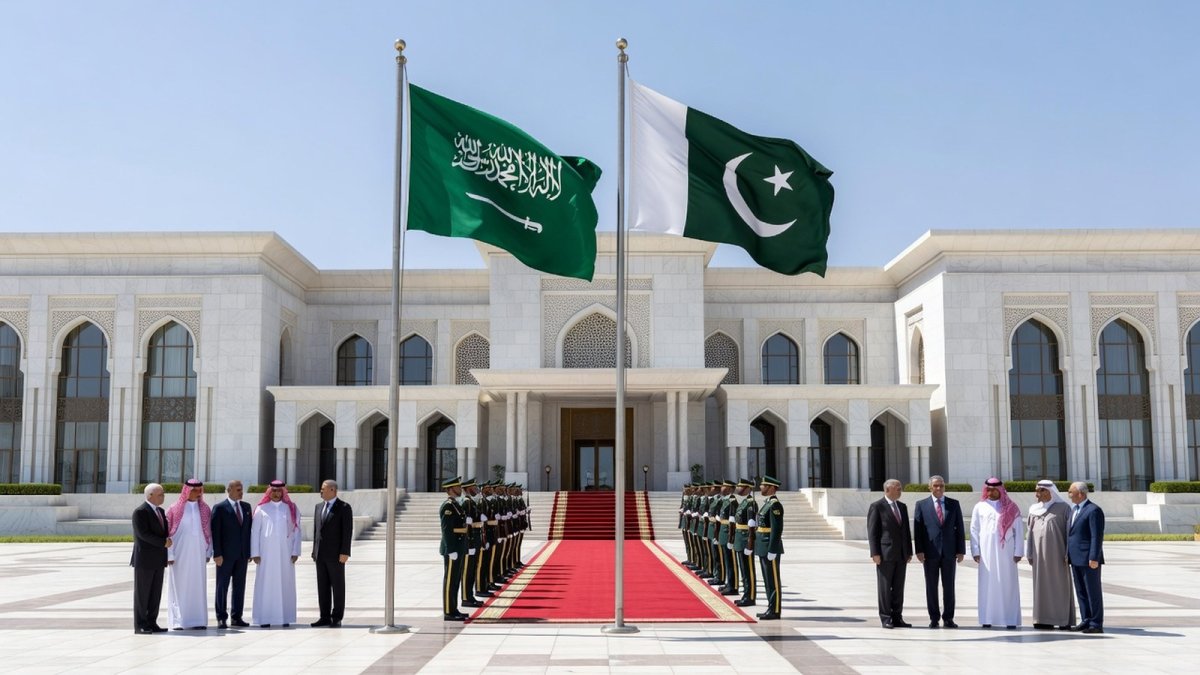 Saudi and Pakistani flags during bilateral defence discussions