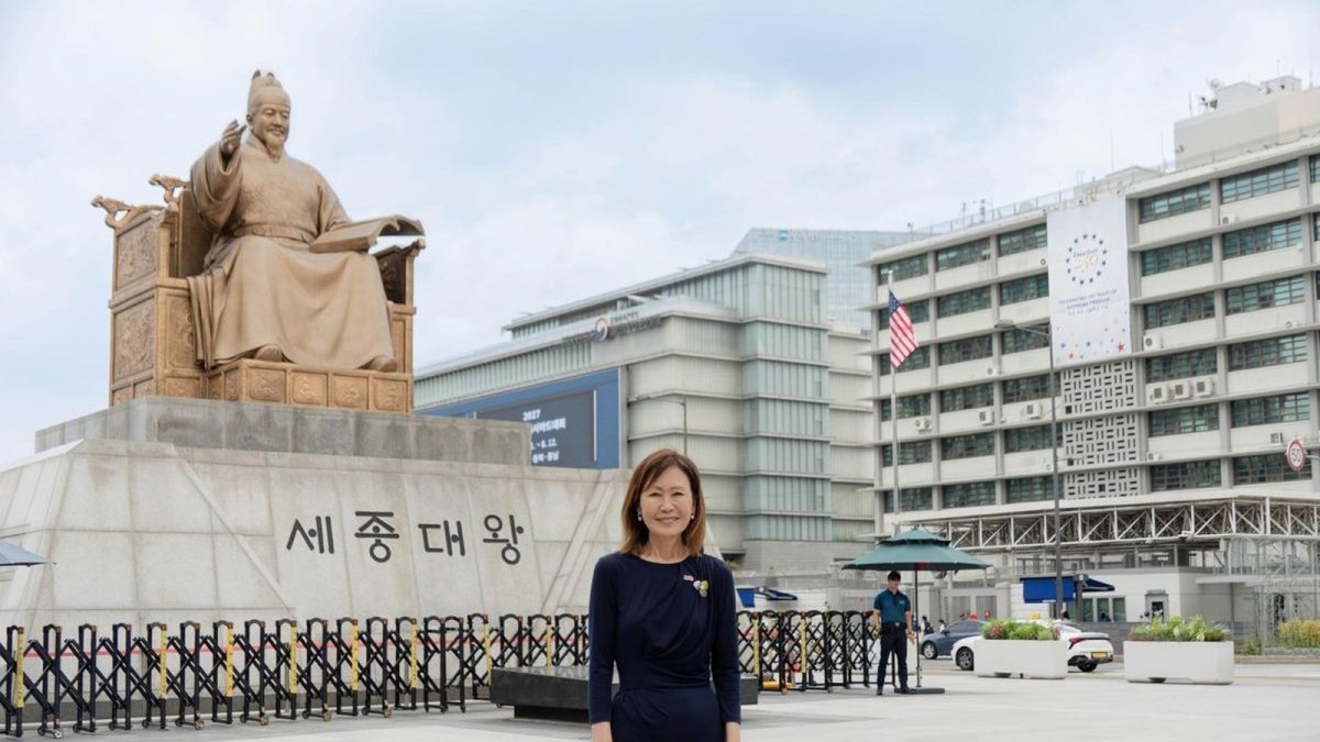 U.S. Ambassador Michelle Steel in front of the King Sejong statue in Gwanghwamun Square, Seoul (Courtesy of Steel’s X account)