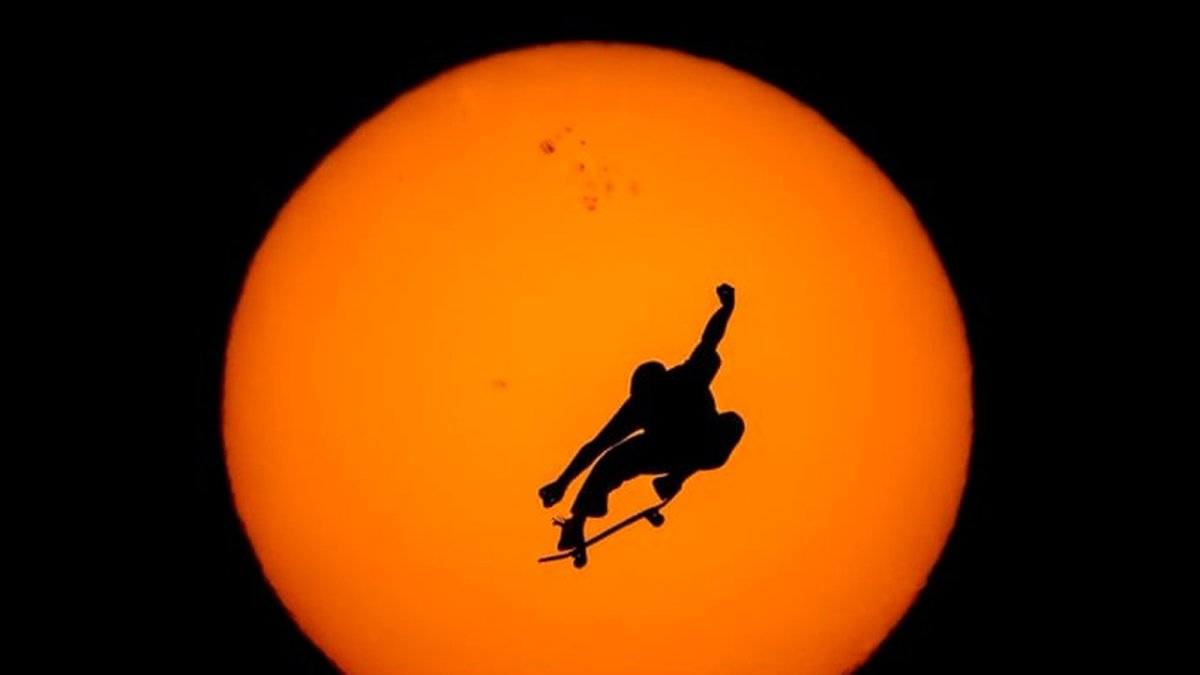 Danny Leon prepares for his eclipse-timed skateboard trick in Novales, Spain