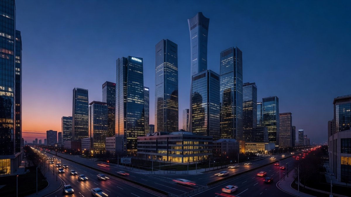 Beijing financial district skyline at dusk