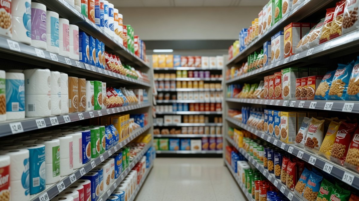 Supermarket shelves stocked with household paper products and groceries amid tariff-driven price concerns