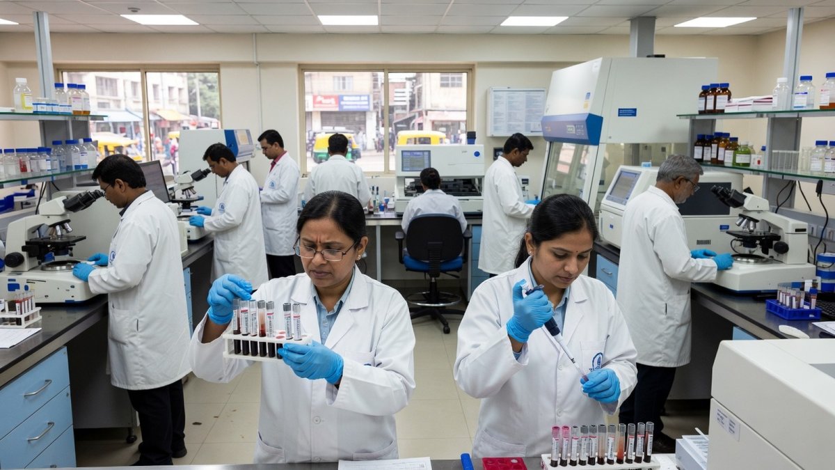 Laboratory technicians examining samples in a pathology lab