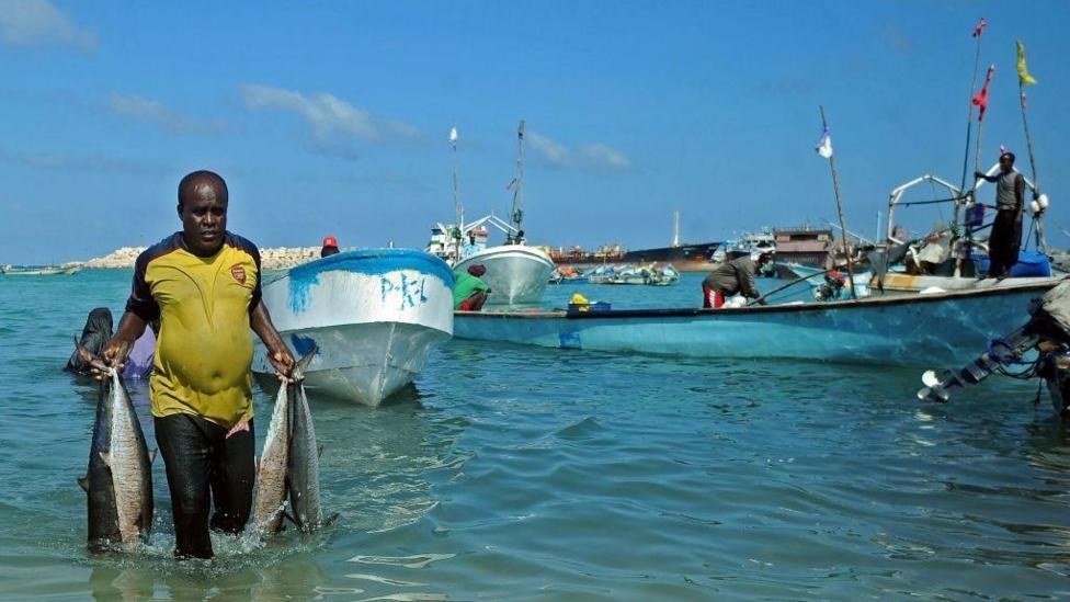 Fishing boats off the coast of Puntland, Somalia, where overfishing by foreign trawlers has fuelled local anger