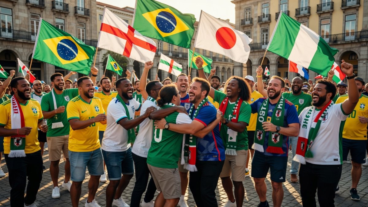 Diverse football supporters celebrating together during the 2026 World Cup