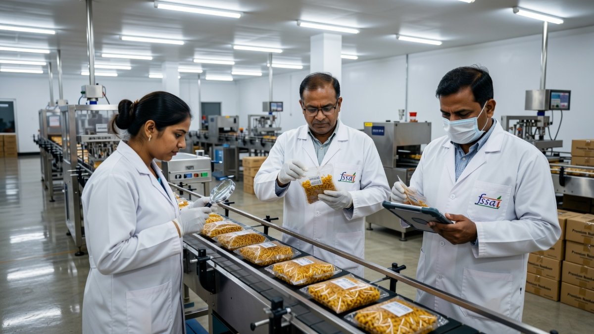 Food safety inspection team at an Indian namkeen packaging facility after a contamination complaint