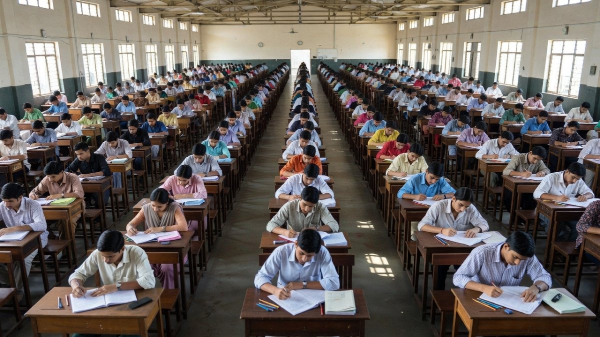 Students in a large Indian examination hall writing a competitive entrance test