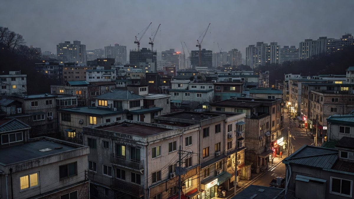 Seoul cityscape with residential buildings and construction cranes
