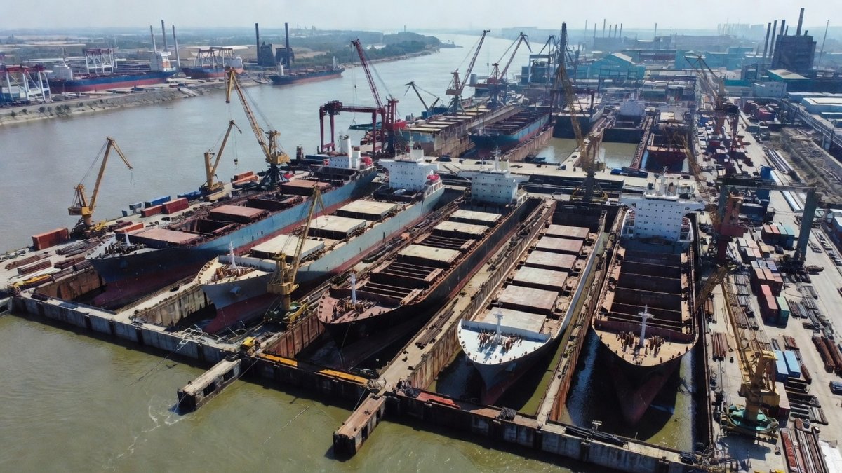 Container ships and bulk carriers being built in dry docks along the Yangtze River in Jiangsu Province