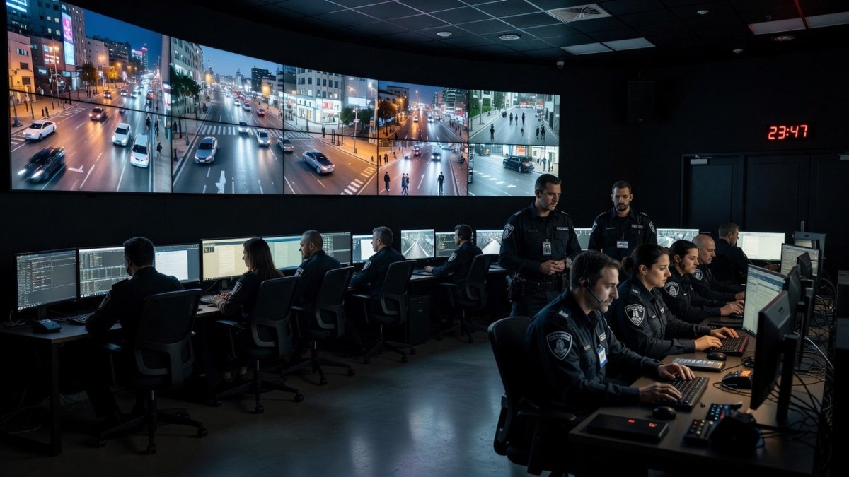 Police command center monitoring live aerial drone feeds at night