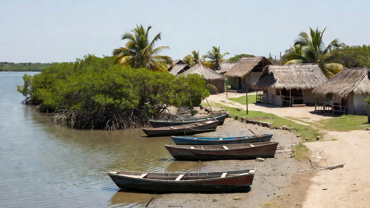 Fishing boats along the lagoon shore in Chacahua, Oaxaca
