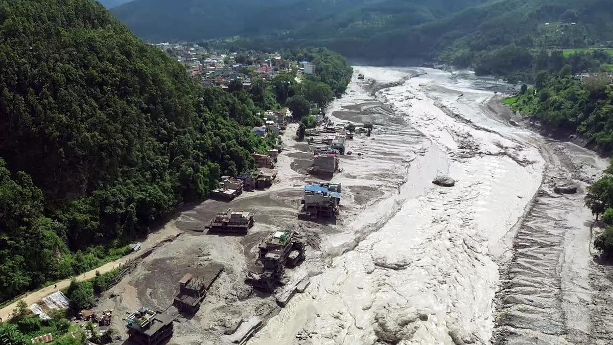 Debris and flood damage along the Bhote Koshi River corridor in Nepal after the August 26, 2026 flash flood