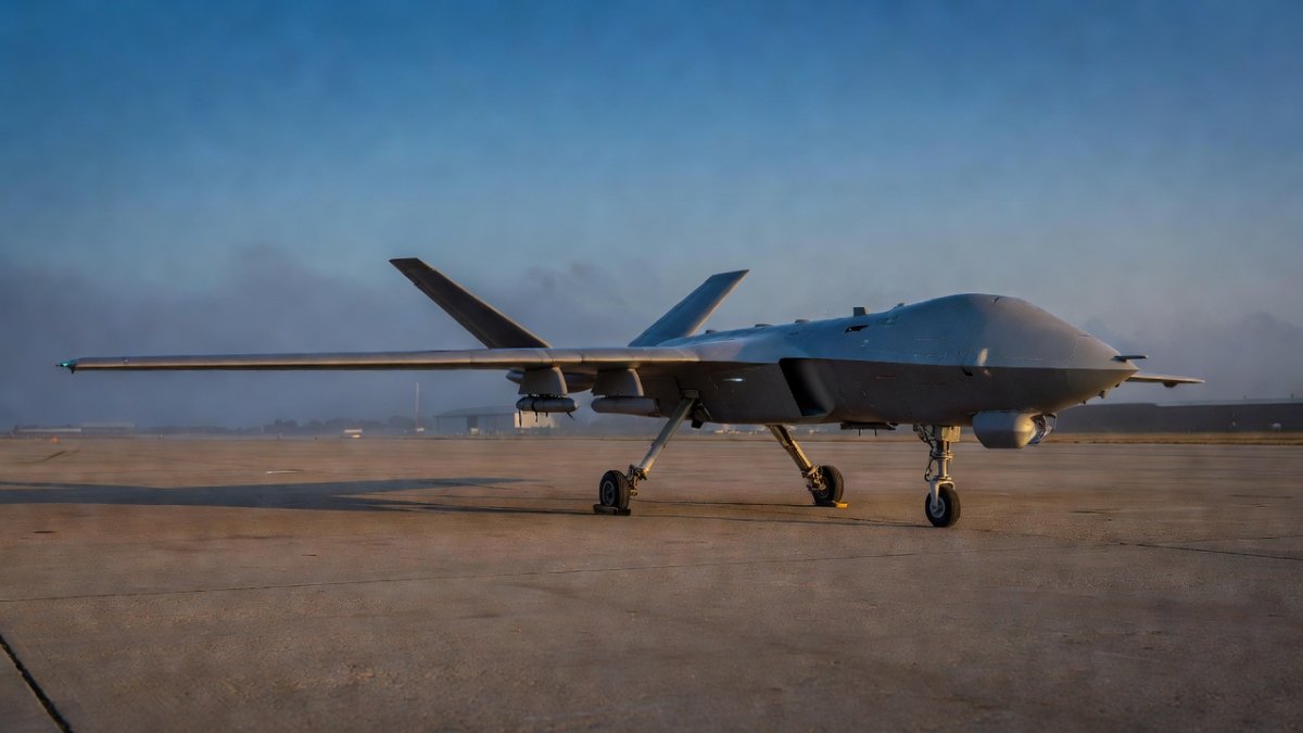 A Ukrainian long-range strike drone on an airfield apron at dawn