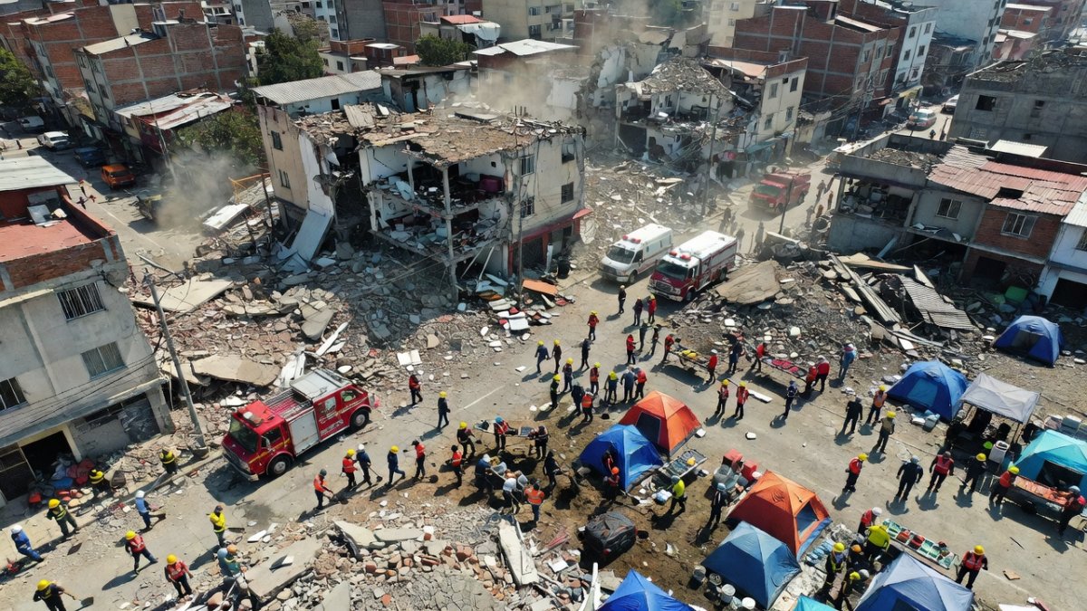 Rescue teams and collapsed buildings in the aftermath of the August 10 earthquake in western Colombia