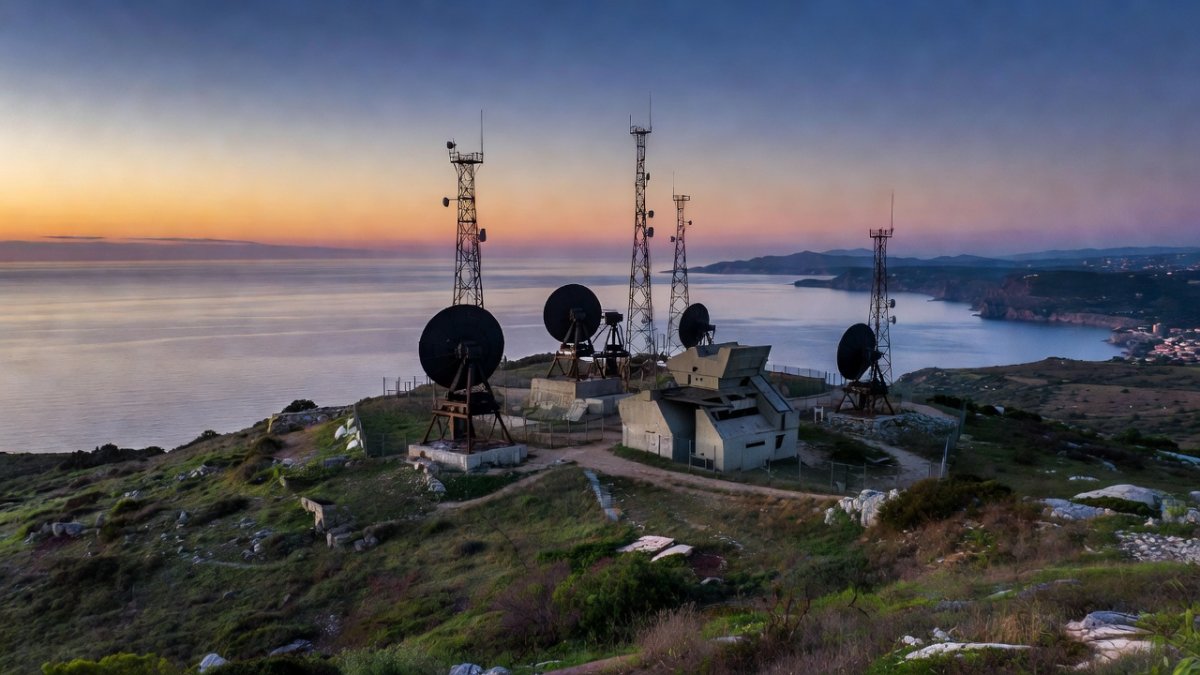Air defense radar installation on a Mediterranean coastal hilltop