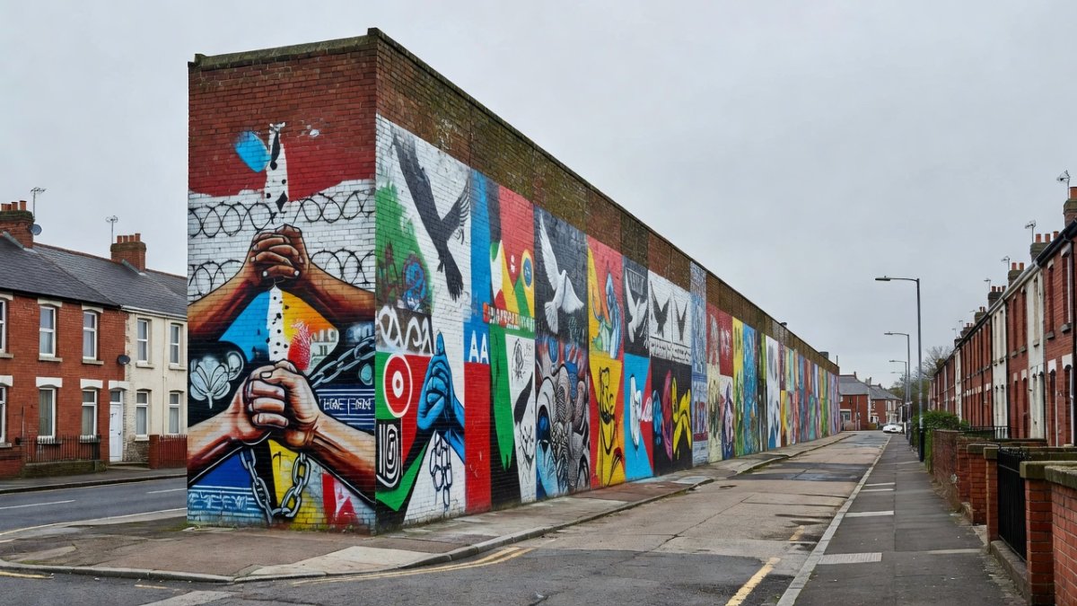 Peace wall interface in Belfast, a symbol of the city's divided past