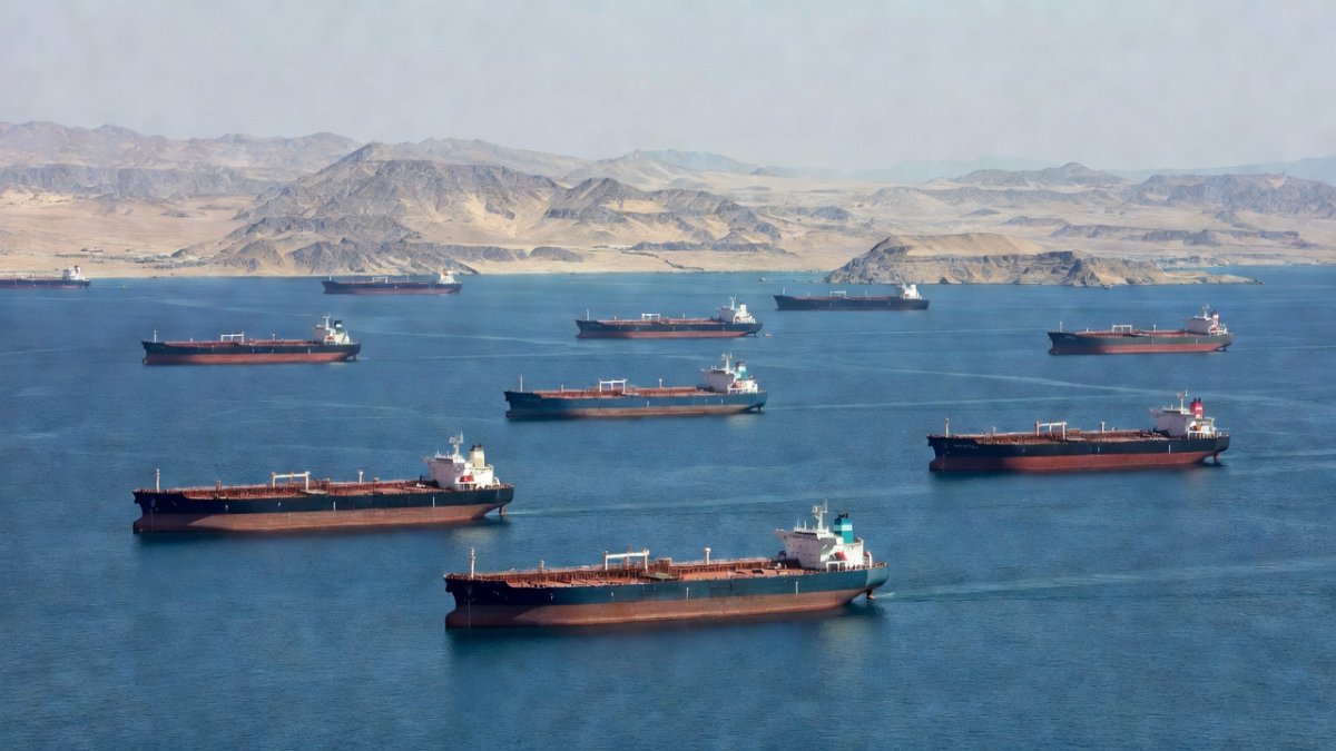 Strait of Hormuz shipping lanes with oil tankers during the blockade