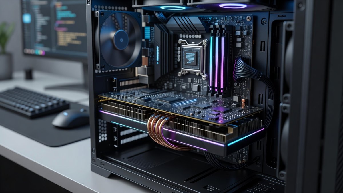 Graphics card inside a local AI workstation tower