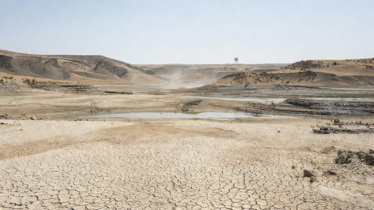 Drought-affected reservoir in a semi-arid valley, receding water and dry cracked earth