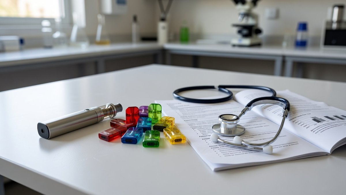 An e-cigarette device and flavoured vape pods on a clinical examination table beside a stethoscope, illustrating the aerosol ingredients doctors warn about