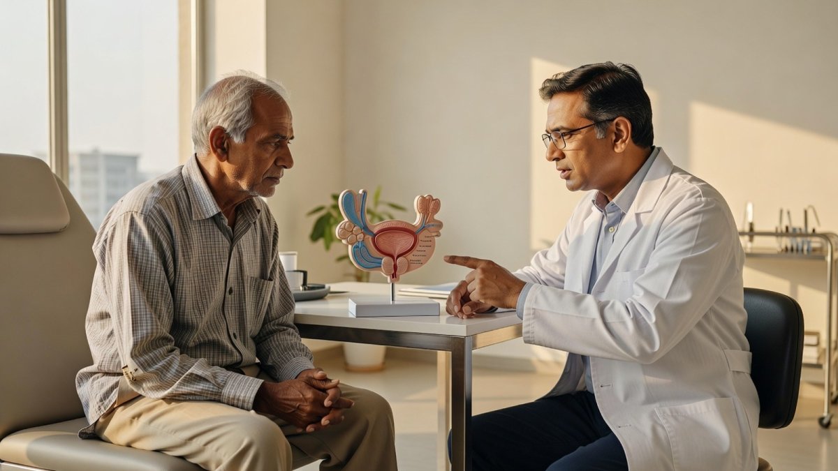 Indian senior patient consulting a urologist about prostate cancer treatment options