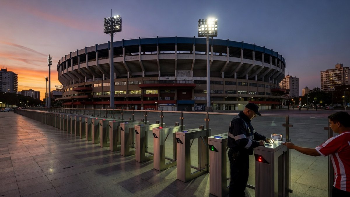 Entrance gates of an Argentine football stadium with security checks under the Tribuna Segura program
